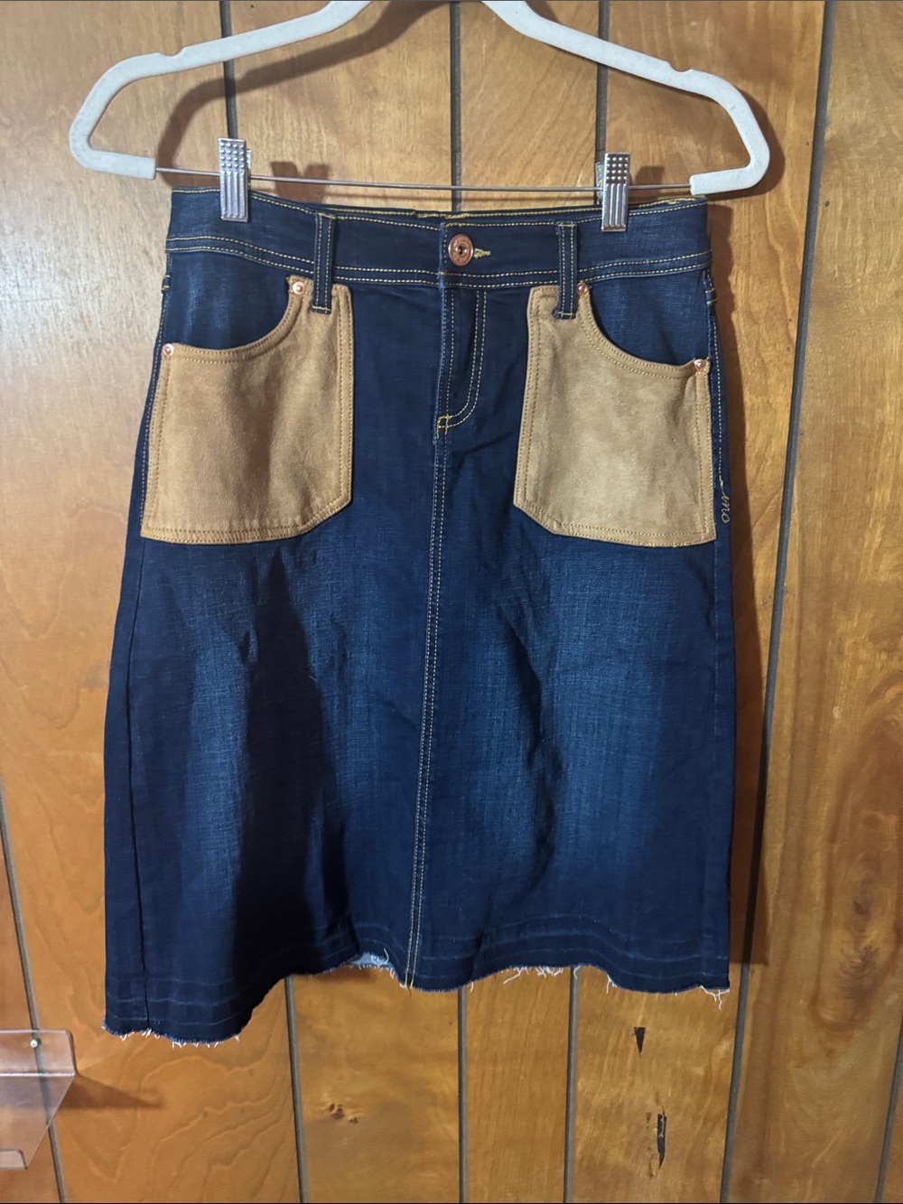 Dark Blue Denim A-Line Skirt with Tan Patch Pockets